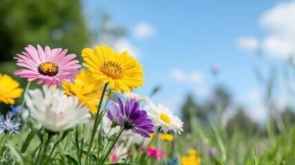 Vibrant Flowers in a Meadow, Sunny Day, Nature's Beauty, Perfect for Backgrounds, Relaxation