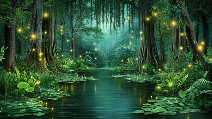 Enchanting Firefly Swamp Forest Path, Night Background