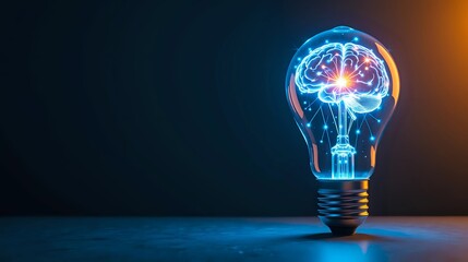 Brain inside glowing lightbulb on a dark background, representing bright ideas