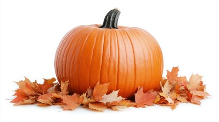Autumn Harvest: A Vibrant Pumpkin Resting on a Bed of Autumn Leaves