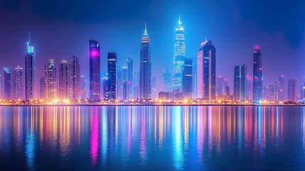 Fototapeta premium Nighttime skyline with towering skyscrapers, vibrant lights, metropolitan feel