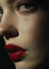 Fototapeta premium Close-up portrait of a woman's face. the focus is on her face, with her eyes looking directly at the camera. she has long, dark eyelashes and her eyebrows are slightly furrowed.