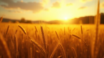 Fototapeta premium A golden wheat field bathed in the warm light of a setting sun, with the sun low on the horizon and casting a soft glow over the landscape.