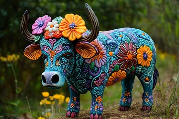 Obraz premium Ornate Floral Cow Sculpture in Lush Garden