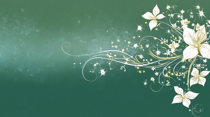 Elegant White Flowers Gold Vines Green Background