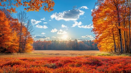 Fototapeta premium Vibrant Autumn Landscape Sunlit Fall Foliage Red Berries and Golden Trees