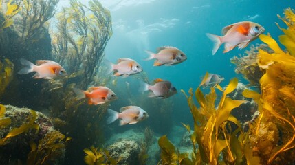 Fototapeta premium School of Colorful Fish Swimming in Kelp Forest