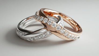 Elegant intertwined rings with sparkling gemstones, showcasing intricate design in silver and rose gold tones on a soft gradient background