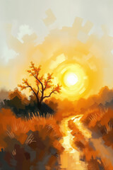 A vibrant landscape captures the glowing warmth of a sunset over a gently winding path. The scene is dominated by warm hues of orange and yellow, with a lone tree silhouetted against the radiant sun.