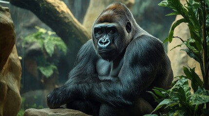 Obraz premium Powerful Gorilla Sitting on Rock in Lush Green Tropical Environment