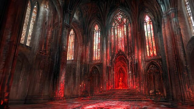 Dark gothic cathedral illuminated by red light creates an eerie atmosphere inside an ancient structure