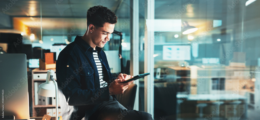 Aufkleber Programmer, reading and tablet with planning, research and overtime work for email networking. Web design, night and deadline update for man, cloud computing and connectivity for online communication