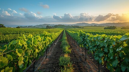 Obraz premium Picturesque Vineyard Rows at Sunset Lush Green Grapevines Rural Landscape