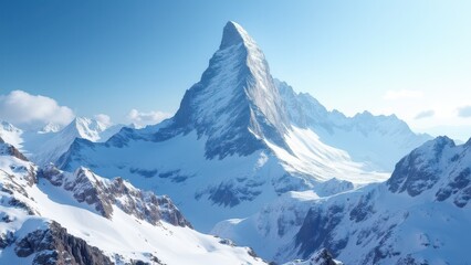 Obraz premium A majestic snow-covered mountain peak rises sharply against a clear blue sky, surrounded by other snow-capped mountains.