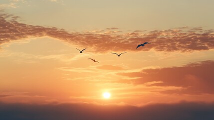 Golden Sunset with Birds in Flight