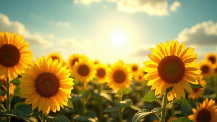 Fototapeta premium A field of vibrant sunflowers in full bloom under a bright, sunny sky with scattered clouds.