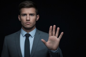Serious businessman in suit raising hand in stop gesture against dark background. Authority, refusal.