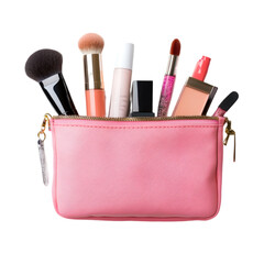 Organizing beauty essentials home photo stock minimalist top view pink makeup bag with products