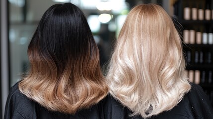 Fototapeta premium A hair color transformation from dark to light, showing an ombre style.