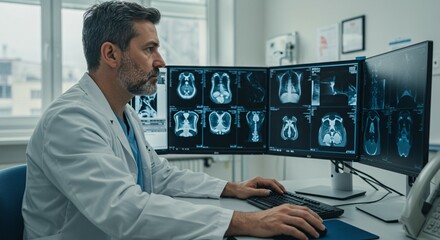Focused Male Doctor Examining Medical X-Ray Scans on Multiple Monitors in a Modern Clinical Office.
