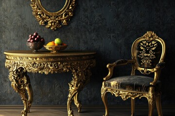Ornate table and chair in a dark room, still life with fruit. Possible use stock photo for luxury interior design