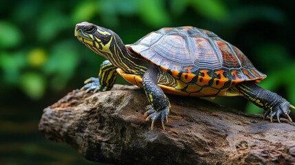 Obraz premium Colorful Turtle on Dark Wood Log in Lush Green Setting