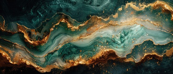 Abstract Emerald Green and Gold Marble Texture Luxury Fluid Art Background