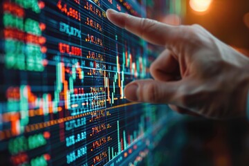 Analyzing Financial Data Close up of Hand Interacting with Stock Market Information Display