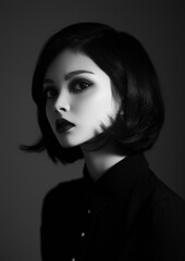 Black and white portrait of a young woman. she is facing the camera with a serious expression on her face. her hair is styled in a short bob with bangs framing her face and falls over her shoulders.