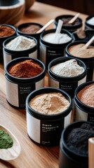 Diverse assortment of natural clays for cosmetic and skincare use on wooden table