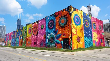 Vibrant Colorful Floral Mural on Building Exterior City Street Art