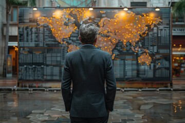 Contemplative Man in Suit Admires Illuminated World Map Global Travel Exploration Concept