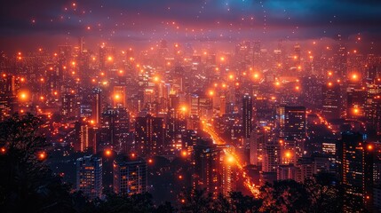 Obraz premium Vibrant Night Cityscape Illuminated Urban Skyline with Glowing Lights and Structures