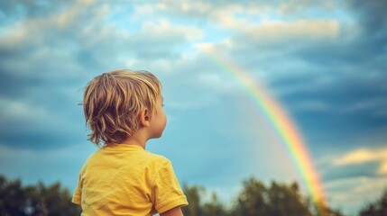 A child with a hopeful look, gazing at a rainbow after the storm.