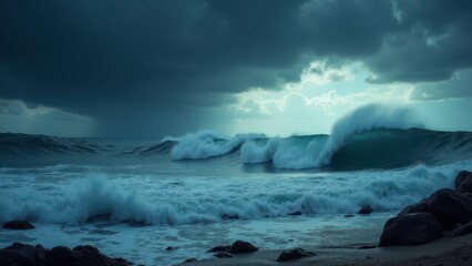 Obraz premium Dark clouds loom over a turbulent ocean with large waves crashing onto a rocky shore
