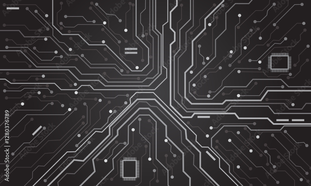 Poster Abstract grey tone circuit board technology connected blue lines with electronics elements computer motherboard chip processor semiconductor digital background vector