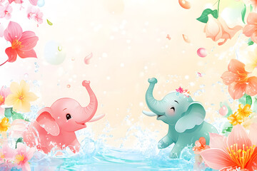 Playful Elephants Splashing in Floral Water Paradise