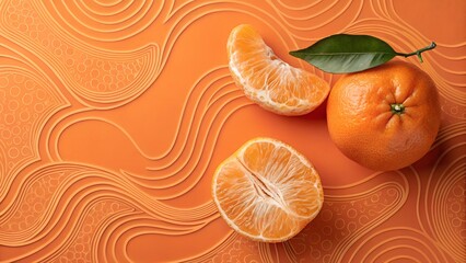 Citrus Burst: A vibrant close-up captures the fresh zest of ripe mandarins, juicy segments, and a refreshing green leaf set against a textured orange backdrop.