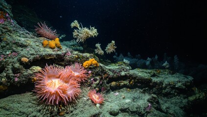 Deep-sea anemones on rocky reef, underwater scene