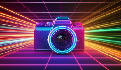 Retro Camera in Neon Grid with Light Trails