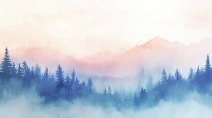 A serene landscape featuring misty mountains and dense evergreen trees, showcasing soft pastel colors in the sky.