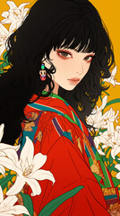 Fototapeta premium 夏の彩り｜浴衣姿の少女と咲き誇る花。スマートフォン9:16のアスペクト比