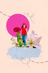 Vertical sketch 3d artwork collage poster of happy girl delivery service shipment bouquet florist...