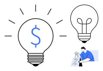 Large light bulb with dollar sign centerpiece, smaller light bulb, person holding shopping bags. Ideal for finance, innovation, e-commerce, consumer behavior, marketing strategies, startups