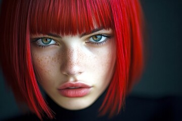 Obraz premium Commercial commercial visual idea. Short haircut - red hair. Attractive calm mixed-race girl - for ads, billboard and internet marketing marketing use. Fashion campaign trends. Stunning model.