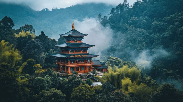 Serene mountain temple shrouded in mist, a tranquil far eastern panorama