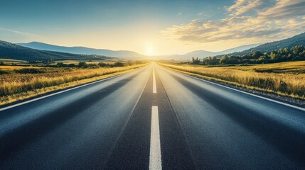 Naklejka premium Journey ahead open road landscape at sunrise nature photography tranquil environment scenic view