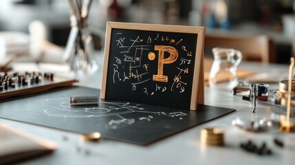 A small chalkboard displays mathematical equations and a prominent letter P amidst various scientific tools on a table