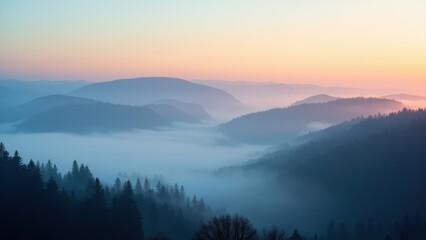 Misty mountain landscape at sunrise with layers of hills and dense forest.