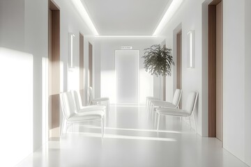 Fototapeta premium White Hospital Corridor with Doors and White Chairs for Healthcare Environment